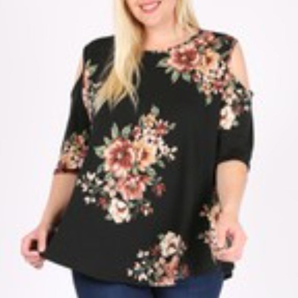 Plus Size, Black Cold Shoulder, Flower Print Shirt